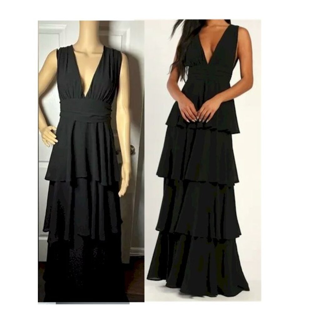 Lulus Black Amazing Evening Black Tiered Maxi Dress Size Medium NWOT